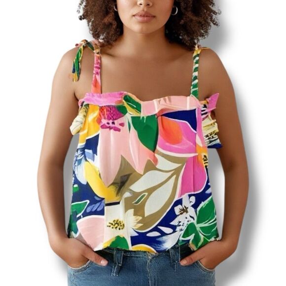 Eloquii Paradiso Print Tie Strap Crop Top Plus 22 Tropical Floral Pink Ruffled - Picture 1 of 10
